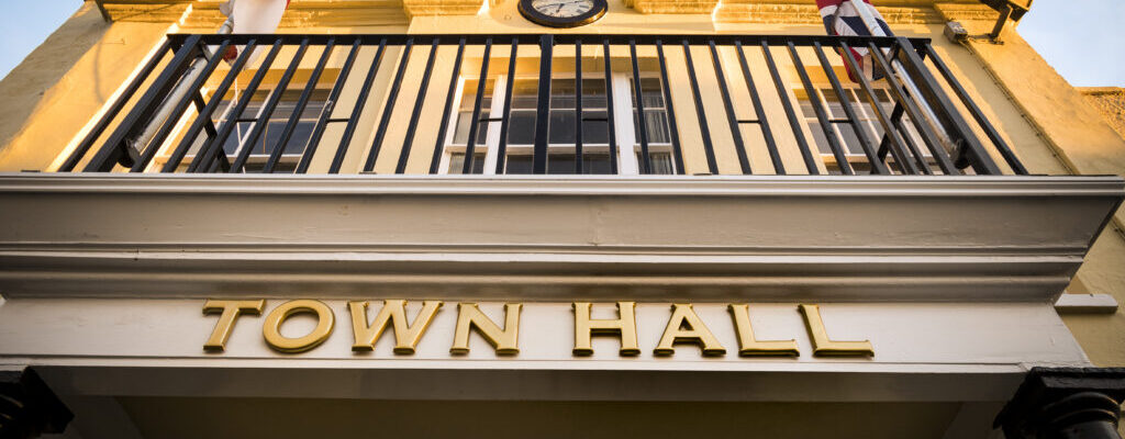 Looking up at town hall in early evening sunshine